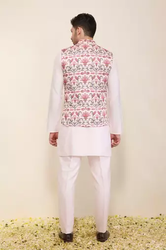 Pink floral printed silk nehru jacket set