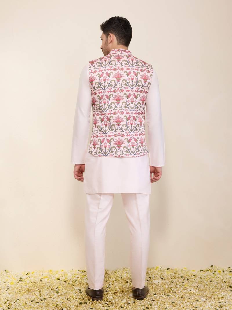 Pink floral printed silk nehru jacket set