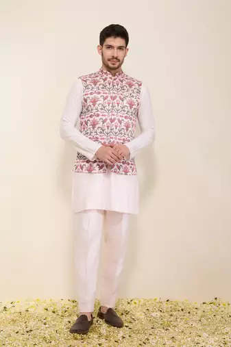 Pink floral printed silk nehru jacket set