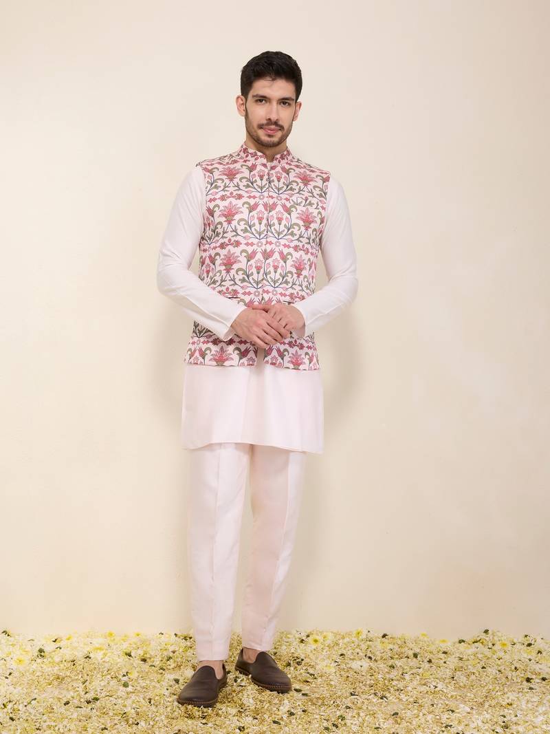 Pink floral printed silk nehru jacket set