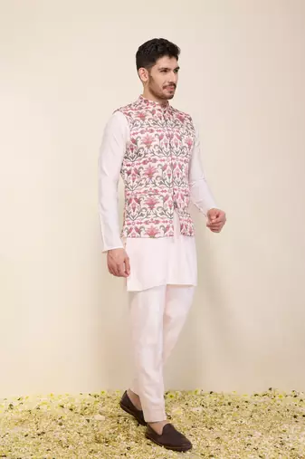 Pink floral printed silk nehru jacket set
