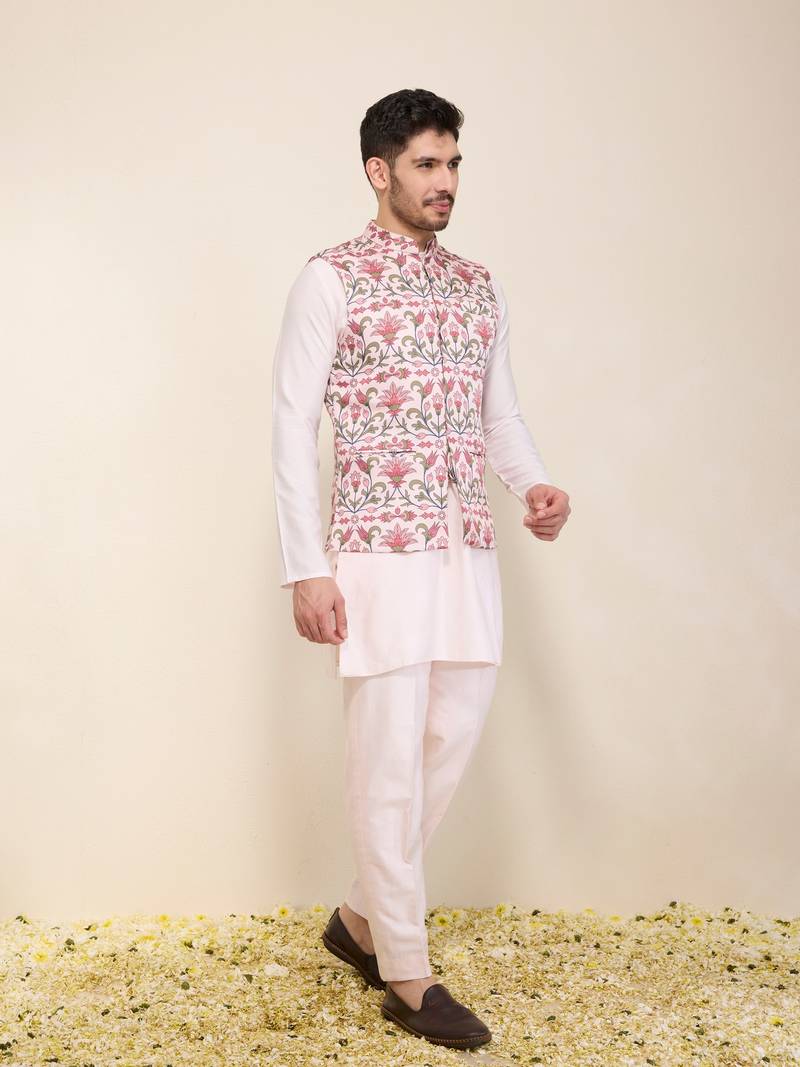 Pink floral printed silk nehru jacket set