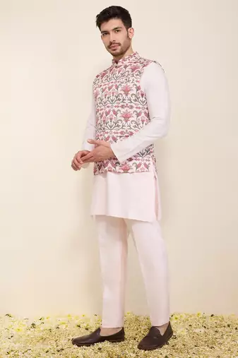 Pink floral printed silk nehru jacket set
