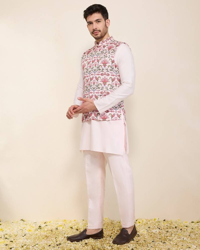Pink floral printed silk nehru jacket set