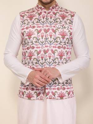 Pink floral printed silk nehru jacket set 5
