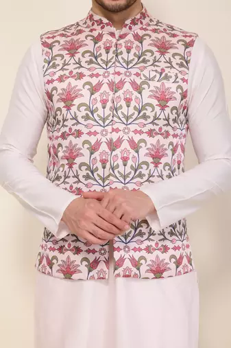 Pink floral printed silk nehru jacket set