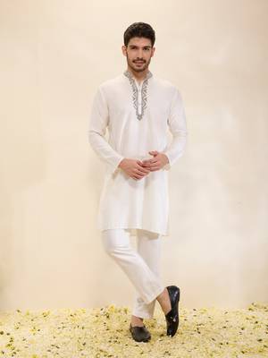 Ivory plain silk kurta set 1
