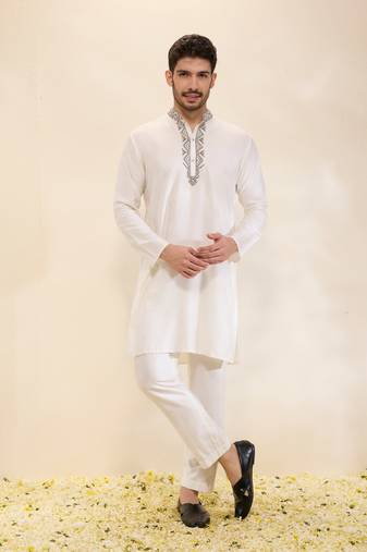 Ivory plain silk kurta set