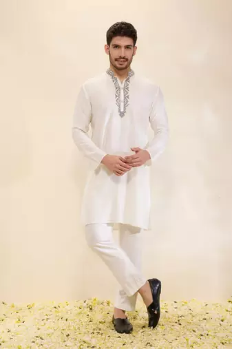 Ivory plain silk kurta set