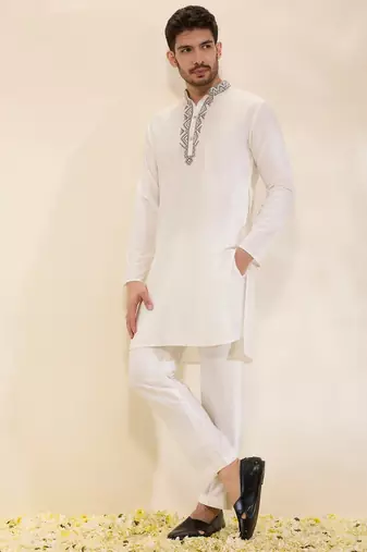 Ivory plain silk kurta set