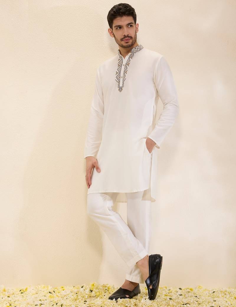 Ivory plain silk kurta set