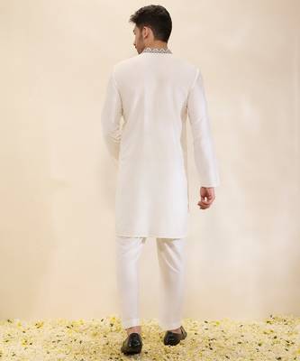 Ivory plain silk kurta set 3