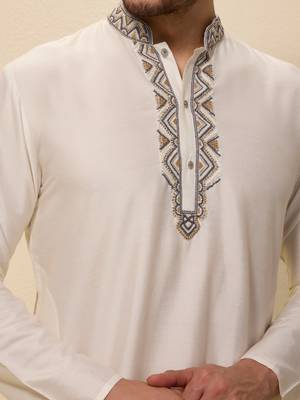 Ivory plain silk kurta set 4