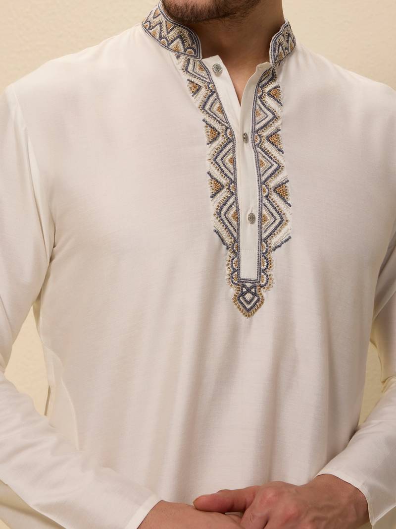 Ivory plain silk kurta set