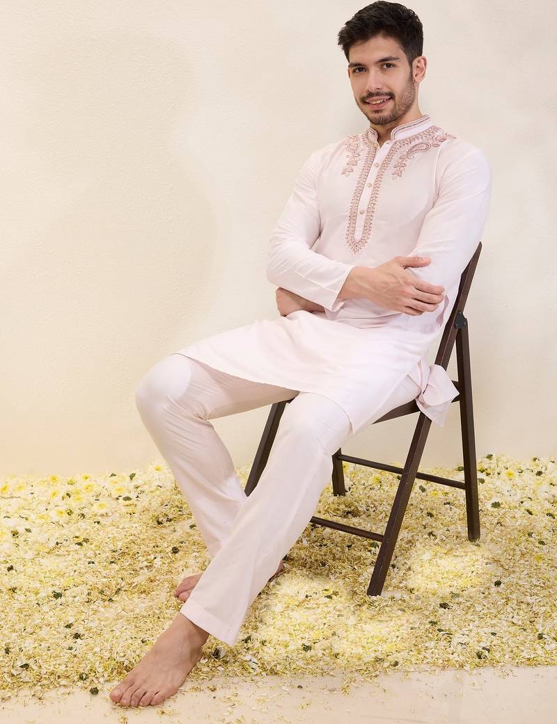 Light pink plain silk kurta set