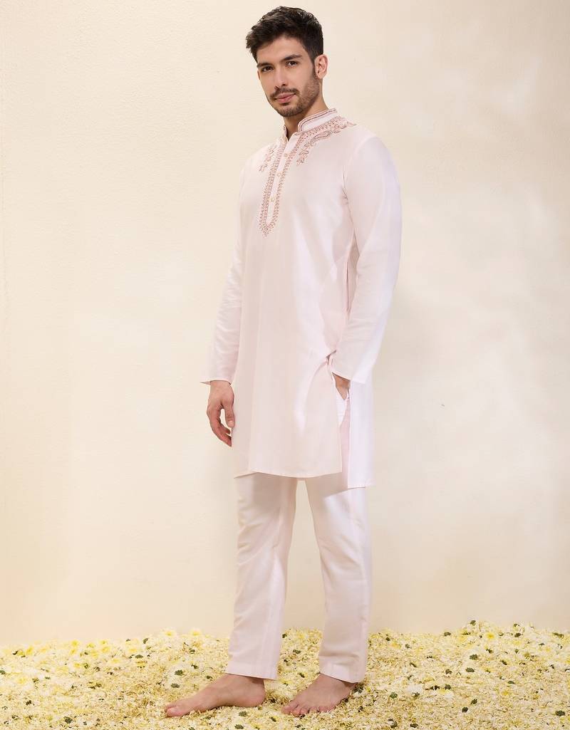 Light pink plain silk kurta set