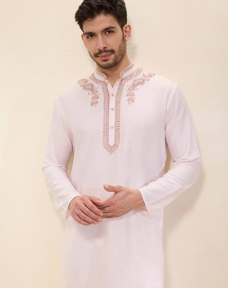 Light pink plain silk kurta set