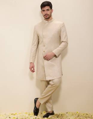 Light beige plain satin sherwani 1