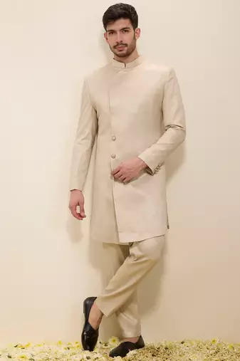 Light beige plain satin sherwani