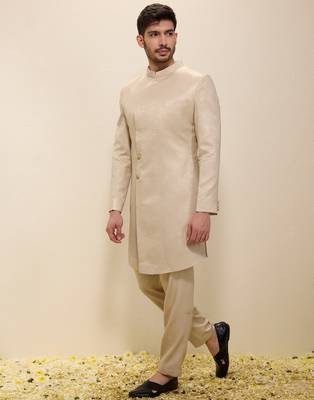 Light beige plain satin sherwani 2
