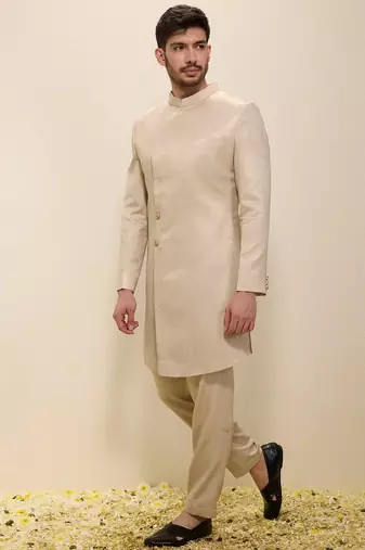 Light beige plain satin sherwani