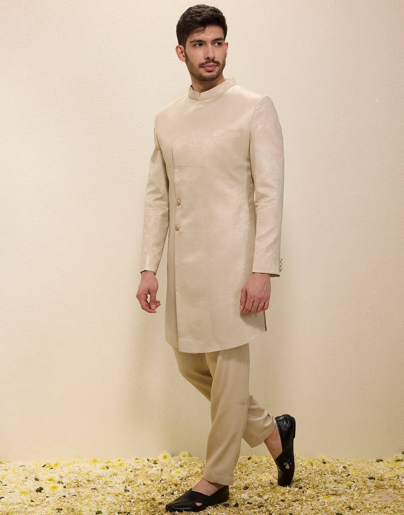 Light beige plain satin sherwani
