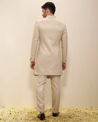 Light beige plain satin sherwani 4
