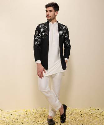 Ivory plain silk kurta set with embroidered jacket 1