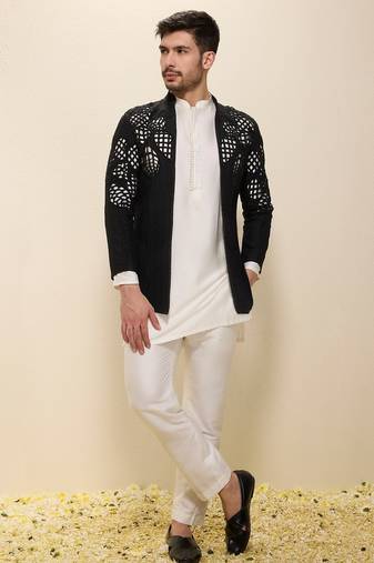 Ivory plain silk kurta set with embroidered jacket