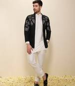 Ivory plain silk kurta set with embroidered jacket