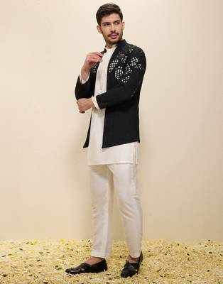 Ivory plain silk kurta set with embroidered jacket 2