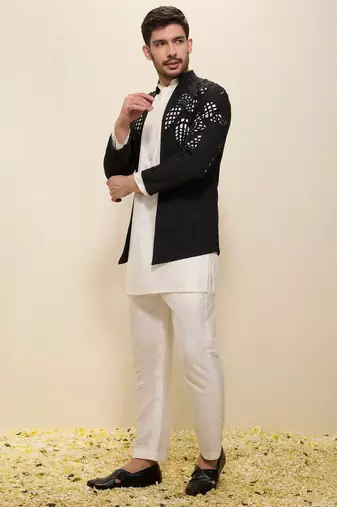 Ivory plain silk kurta set with embroidered jacket
