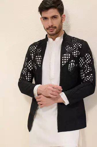 Ivory plain silk kurta set with embroidered jacket