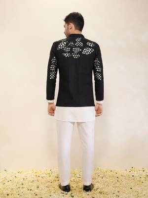 Ivory plain silk kurta set with embroidered jacket 4