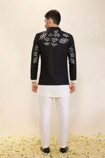 Ivory plain silk kurta set with embroidered jacket