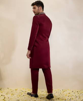 Maroon plain satin sherwani 2