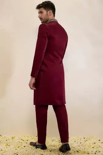 Maroon plain satin sherwani