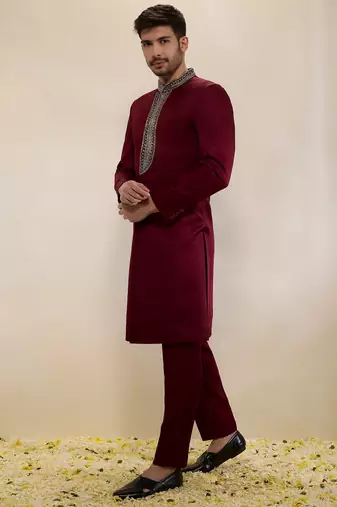 Maroon plain satin sherwani