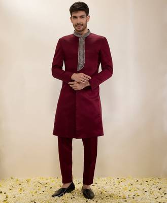 Maroon plain satin sherwani 1