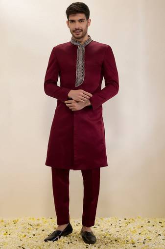 Maroon plain satin sherwani