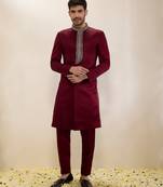 Maroon plain satin sherwani