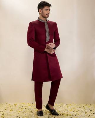 Maroon plain satin sherwani 4