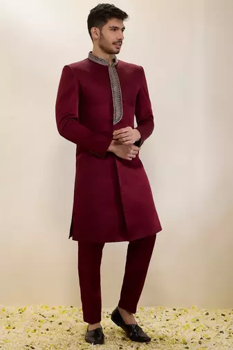 Maroon plain satin sherwani
