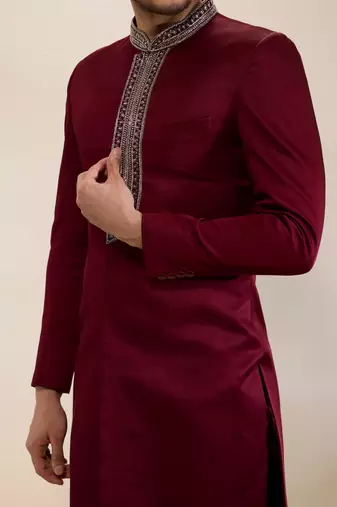 Maroon plain satin sherwani