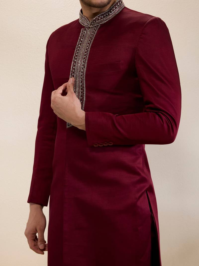 Maroon plain satin sherwani