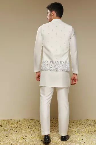 White floral embroidered silk Nehru Jacket Set