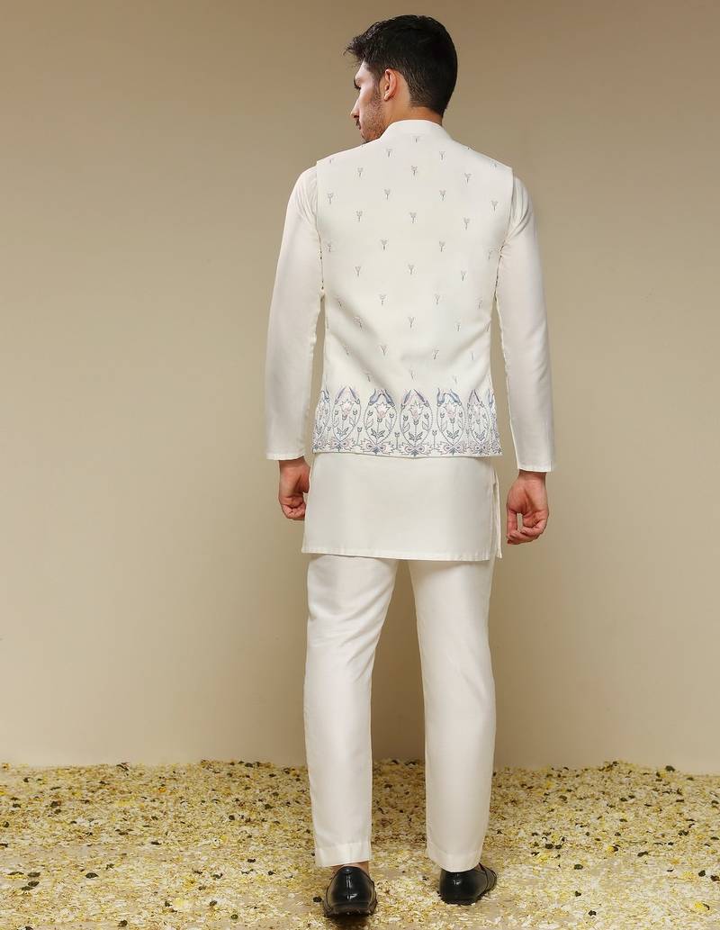 White floral embroidered silk Nehru Jacket Set