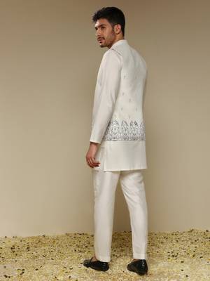 White floral embroidered silk Nehru Jacket Set 3