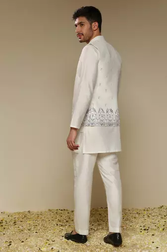 White floral embroidered silk Nehru Jacket Set