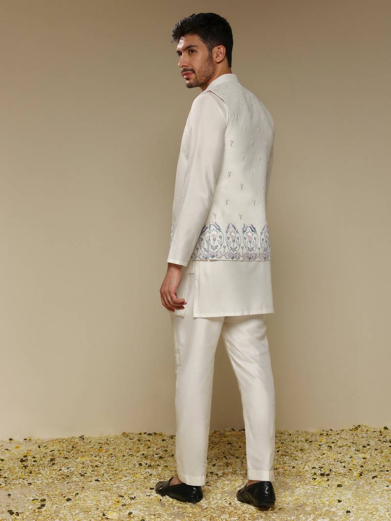 White floral embroidered silk Nehru Jacket Set